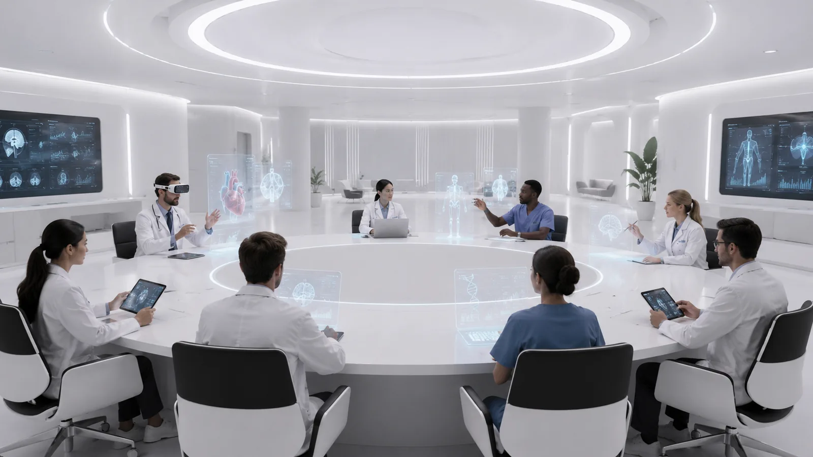 Equipo médico colaborando con tecnología avanzada en un entorno de innovación